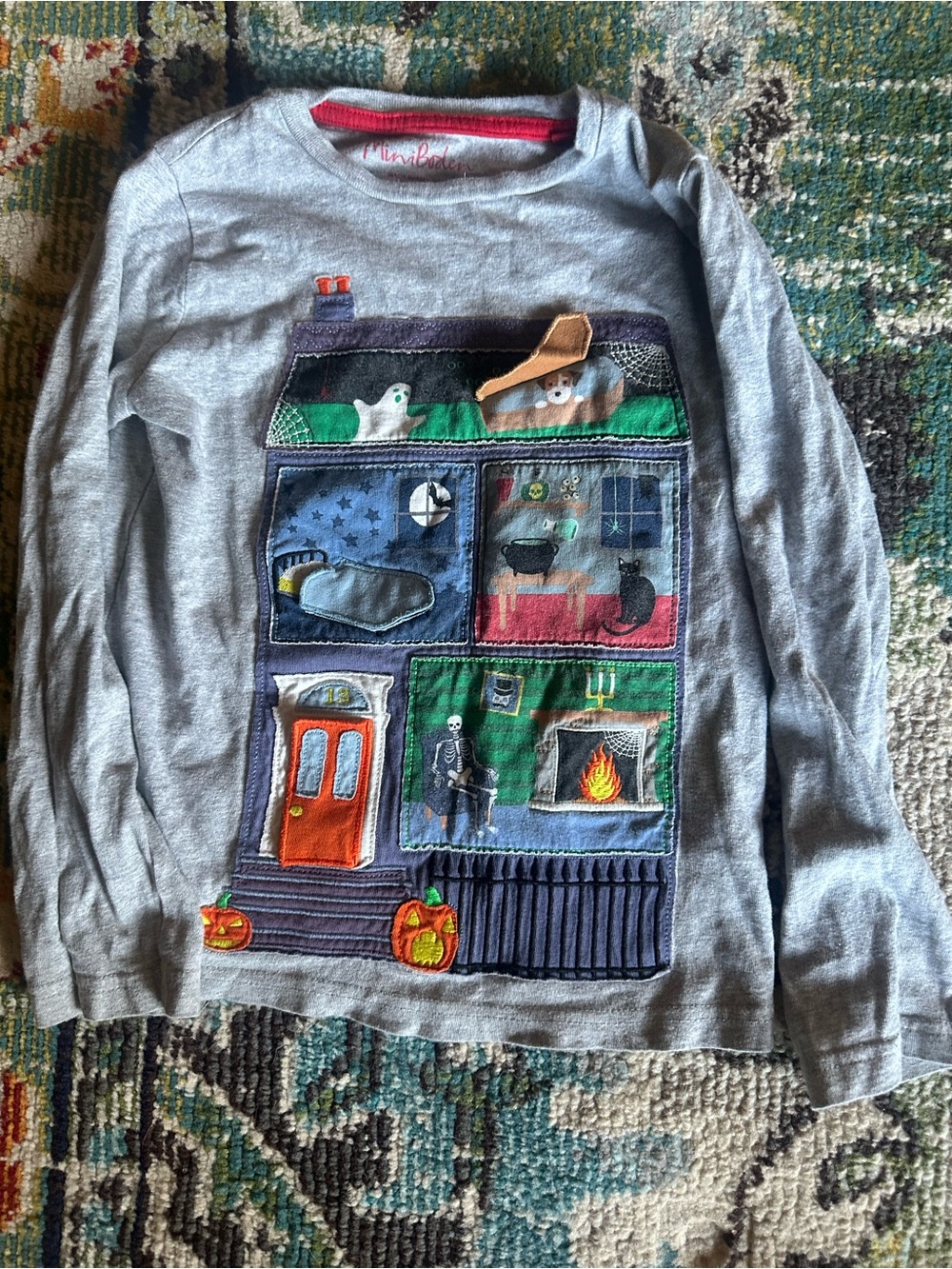 Mini Boden Grey Long-Sleeve Top with Halloween House Appliqué